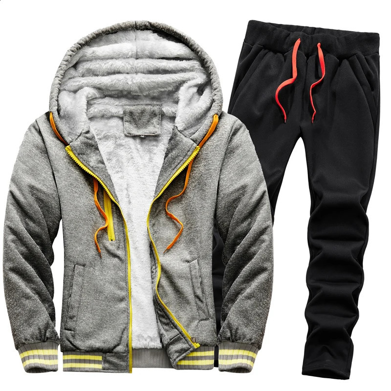 Winter Mens Suits Print High Quality Zippered Sportswear Thicken Solid Color Hoodiesweatpants 2piece 251023