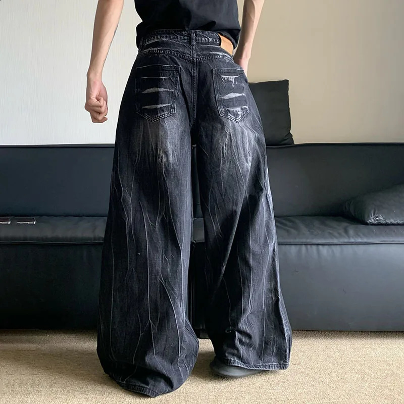 Autumn Winter Korean Vintage Jeans Lightning Pattern n MenS Loose Straight Leg Pants Casual Fashion Black 251018