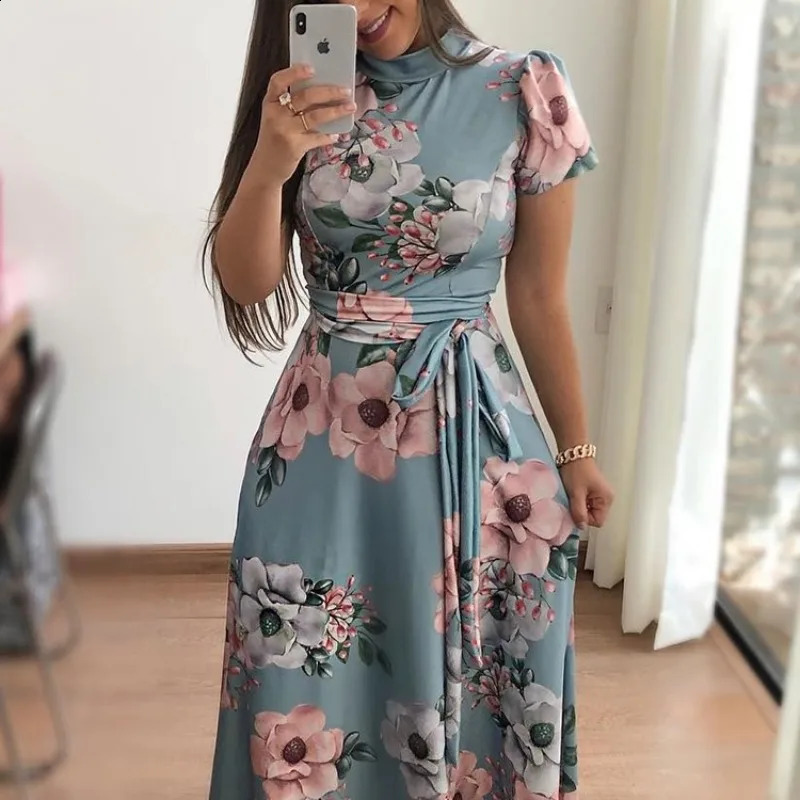 Womens Slim Dresses Casual Long Sleeve Round Neck Flower Printed Dress Strap FloorLength Skirt Clothing 251022