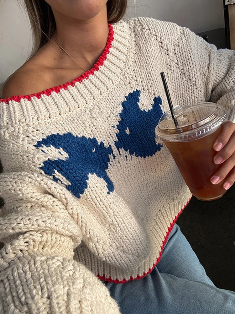 Contrast Knitted Short Sweater Women Long Sleeve Oneck Pullover Autumn Chic Female Loose Fish Colorful Knitwear Jumper 251016