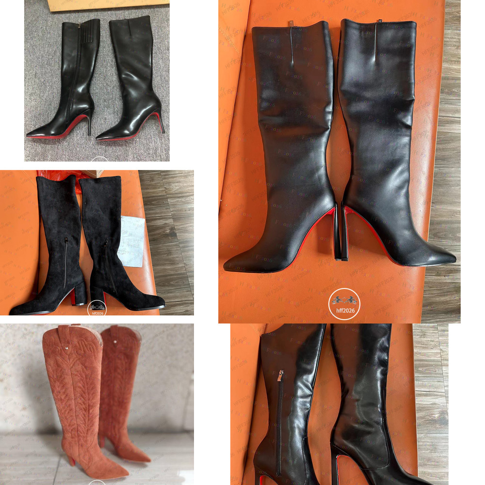 10A boots designer womens brand heels women dress shoes Red Shiny BottomBoots Toe High 10cm 12cm Stiletto Genuine Leather Woman High quality Winter knight boots 95