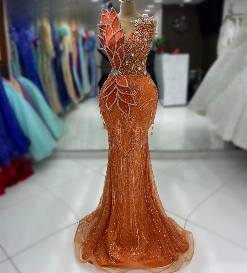 2026 Aso Ebi Orange Mermaid Prom Dress Pearls Crystals Sheer Neck Evening Formal Party Second Reception Birthday Engagement Gowns Dresses Robe De Soir