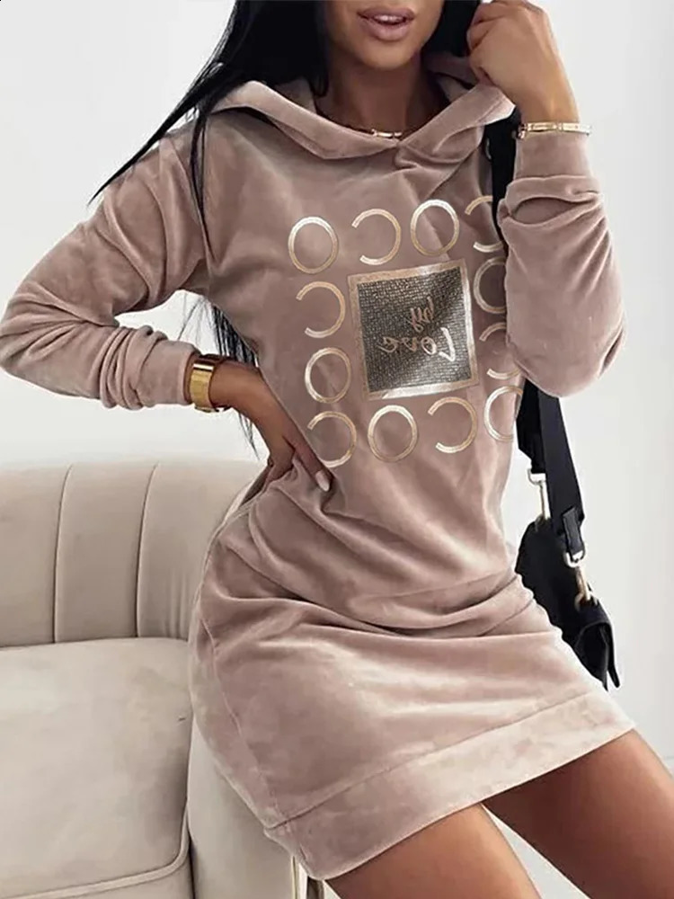 Women Long Sweater Dresses LOVE Print Hooded Loose High Collar Sweatshirts Sleeve Pullover Fall Winter Y2K Street Style Top 251022
