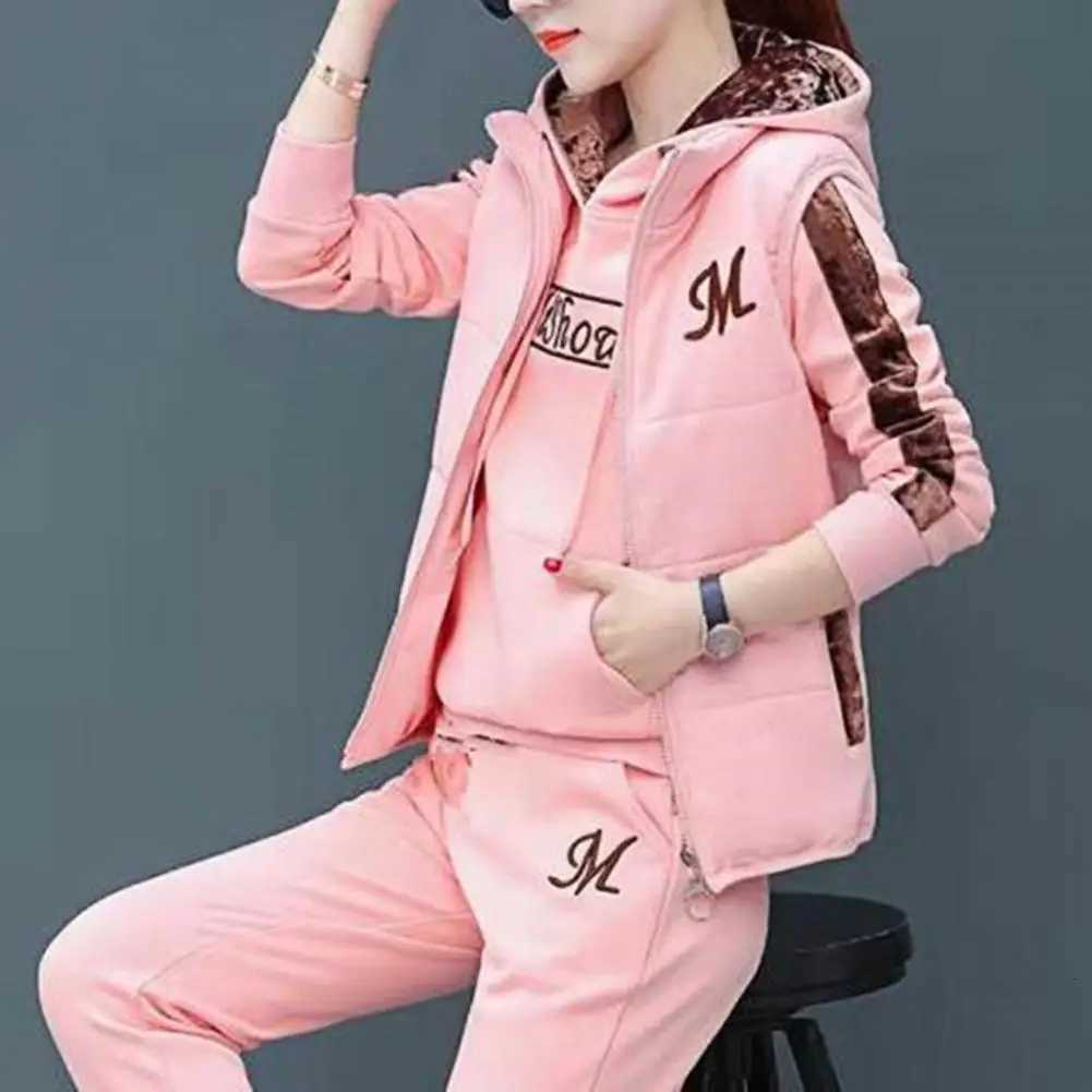Three Piece Set Women Sweatshirt Set 2024 Autumn Winter Casual Sweat Suit Fashion Plush Thickened Hooded TopsWaistcoat Pants SetT251022