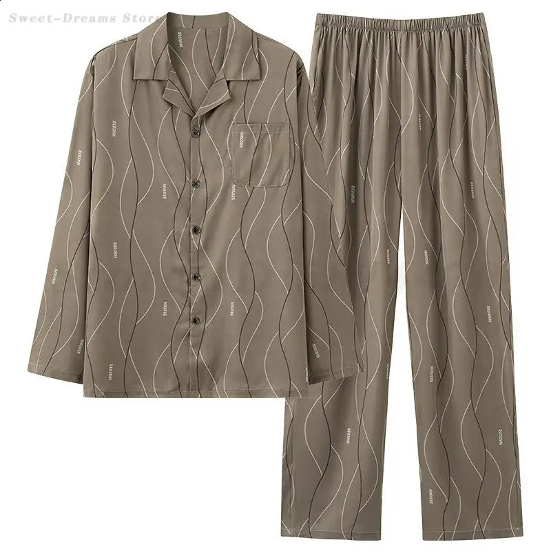 Mens Plus Size Pajamas Set Loungewear Spring Autumn Ice Silk Long Sleeved Trouser Pijama Mujer Male Casual Sleepwear Home Wear 251021