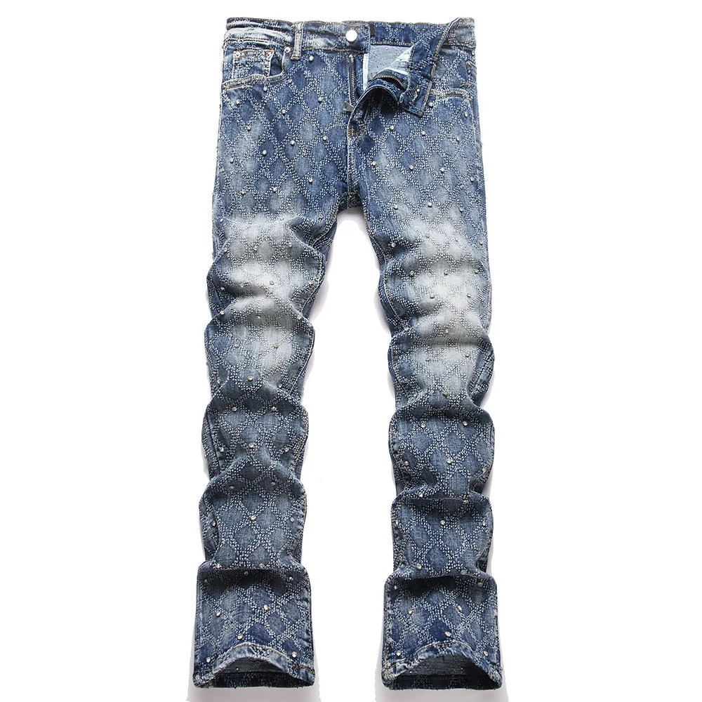 Mens Crystal Boot Cut Denim Jeans Rhinestone Slim Flared Stretch Pants Streetwear Good Quality Blue Cotton Trousers 251021