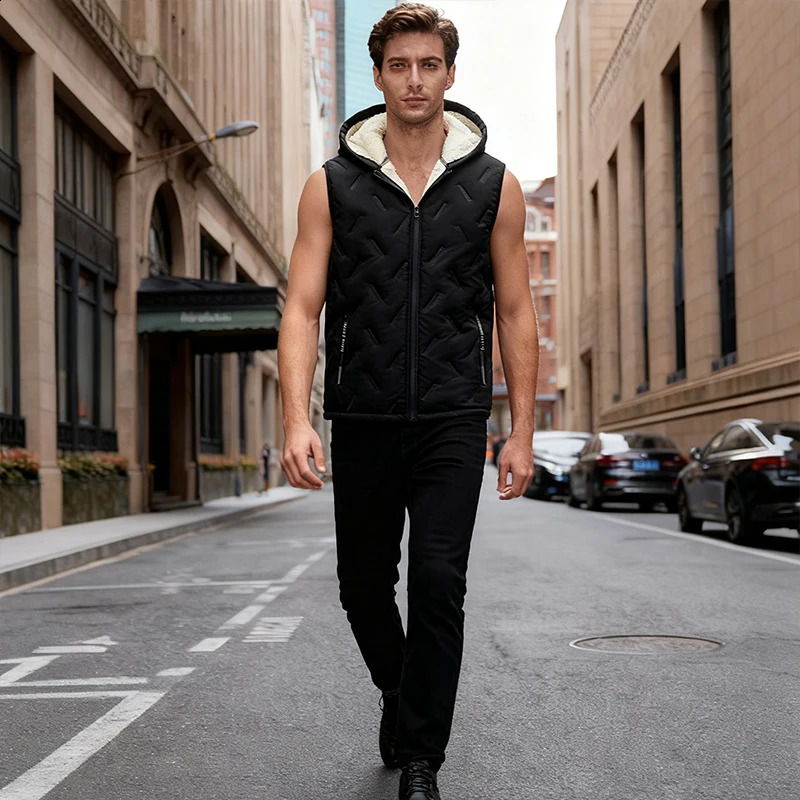 Mens Wool Vest with Hood Velvet Warm Waistcoat Trendy Allmatch High Quality Comfortable Top 251023