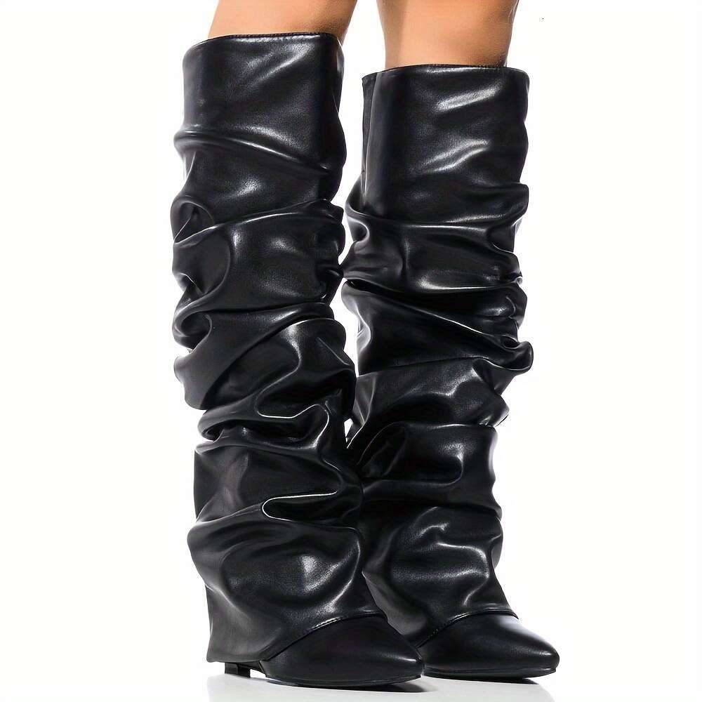 2026 Women's Knee High Shark Foldable Loose Pleated Boots, Wedge-Shaped High-Heeled Pointed Ankle Boots