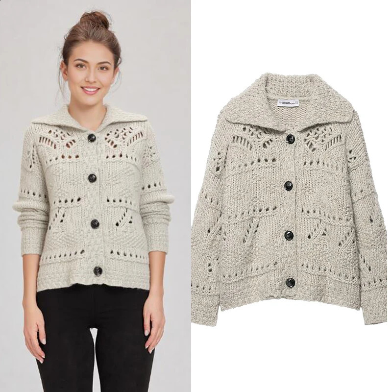 Autumn Hollow Out Knitted Cardigan Women Korean Style Gentle Lapel Long Sleeve Loose Casual Sweater Coat Female Knitwear 251022