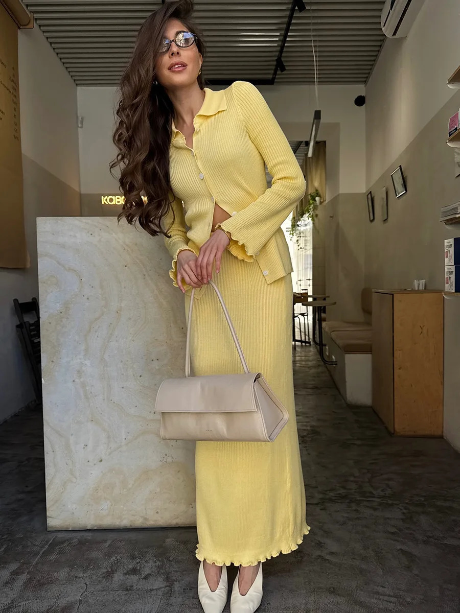 Bornladies Womens POLO Neck Long Sleeve Cardigan Skirt Set Ribbed Knit Button Front Elastic Autumn Winter Casual 251022