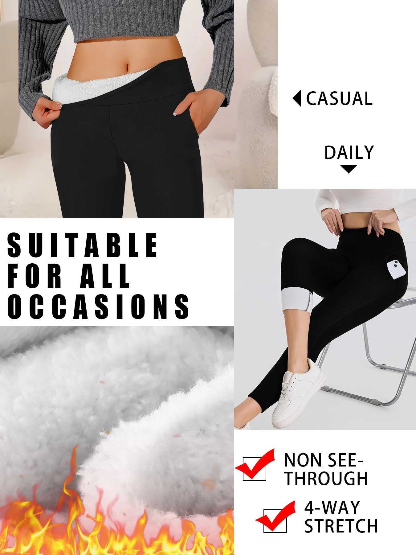 Winter thermal leggings with pockets and tummy control Womens high waisted fleecelined design provides warmth for cold weatherT251023
