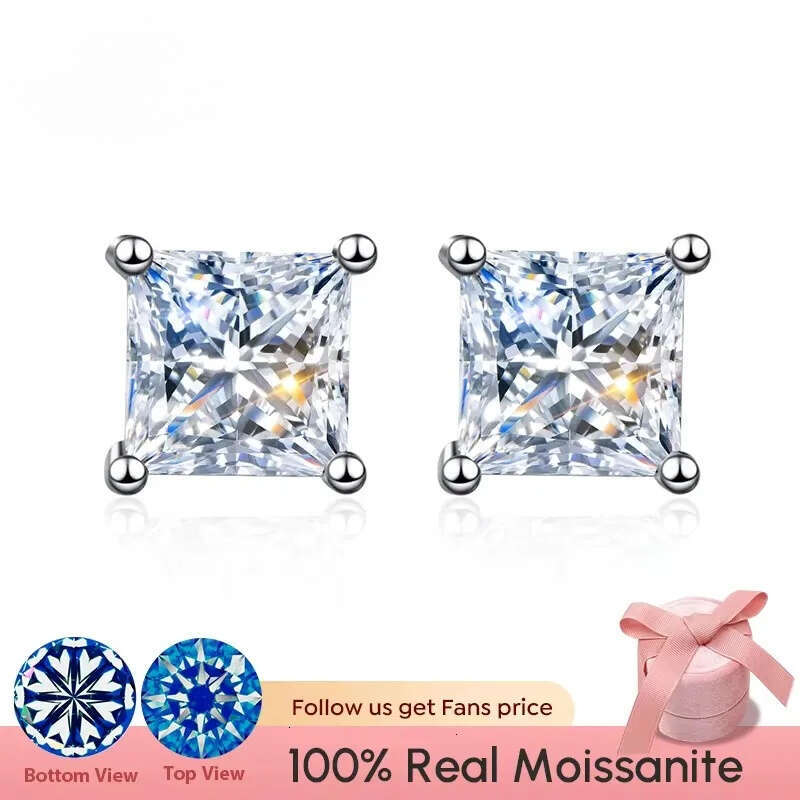 Gra Certified 1.2ct Square Princess Cut Moissanite Dia Stud Earring for Women Sterling Sier Quality Hot Jewelry