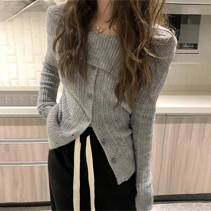 Y2K Sexy OffShoulder Sweater Pullover Women Stretch Slim Slash Collar Jumpers Sweaters Chic Single Breasted Knitted Pullovers 251023