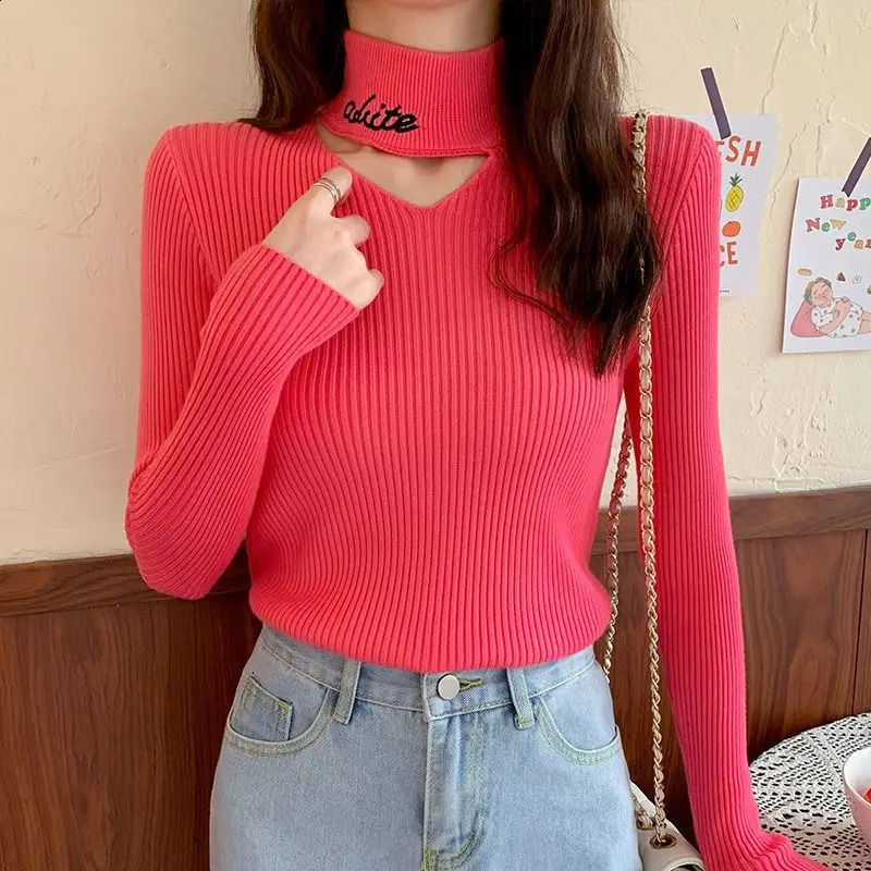 Sweet Letter Embroidery Sweater Knitted Solid Color Womens Clothing Casual Elegant Long Sleeve Autumn Winter Hollow Out Tops 251023
