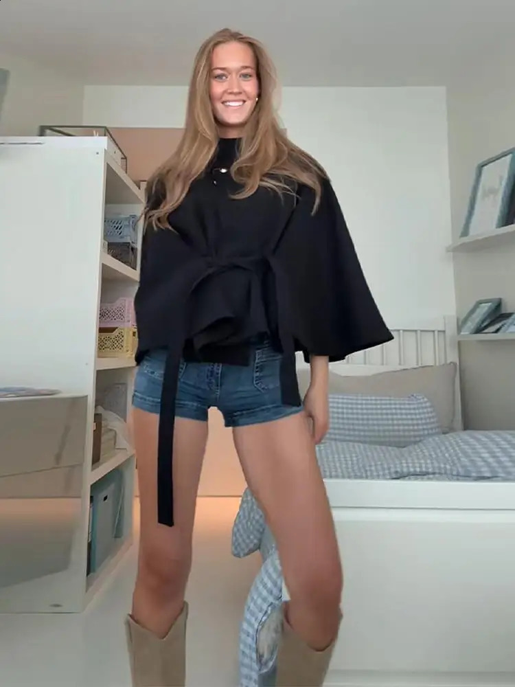 Elegant Womens Cropped Jacket Cape Coat Loose Fit Stand Collar Belted Outerwear Vintage High Street Office Casual Daily Outfit 251017