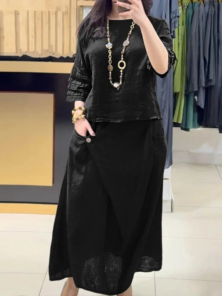 Spring Summer Womens Skirt Suit Pullover Top Oneck Irregular Long Simple Elegant Casual Solid Color 2piece Sets 251022