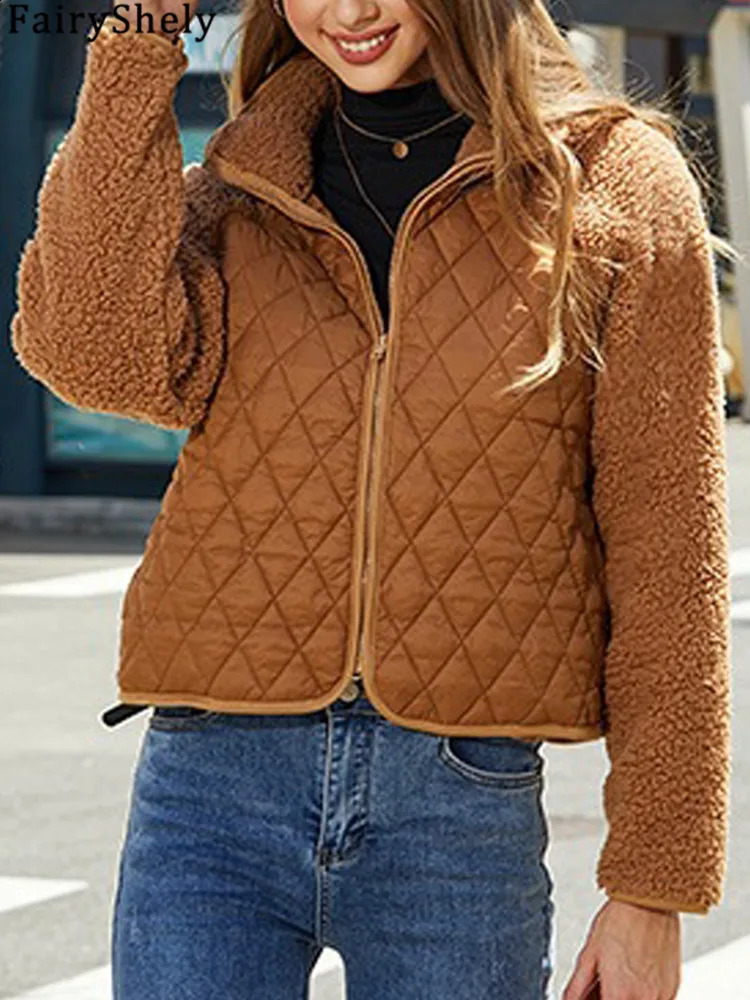 FairyShely 2025 Patchwork Autumn Winter Women Jacket Thick Plush Cropped Long Sleeve Warm Coat Soft Zipper Outwear Lady 251018