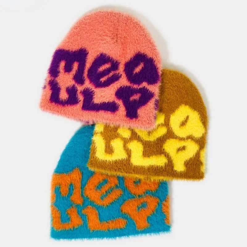 2024 New Y2k Plush Letter Jacquard Knitted Hat Ear Protection Warm Beanies Winter Outdoor Riding Europe and The United StatesXJ251023