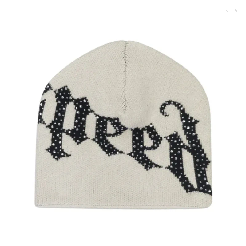 Berets 2000s Hip-Hop Street Winter Letter Jacquard Rhinestone Print Knit Skiing Accessory Fashion Outdoors Riding Warm Elastic Head Cap