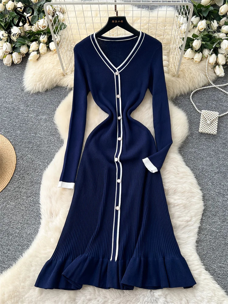 SINGREINY Autumn Women Fishtail Long Dress V Neck Single Breasted Elastic Sheath n High Quality Knitting Sweater 251022
