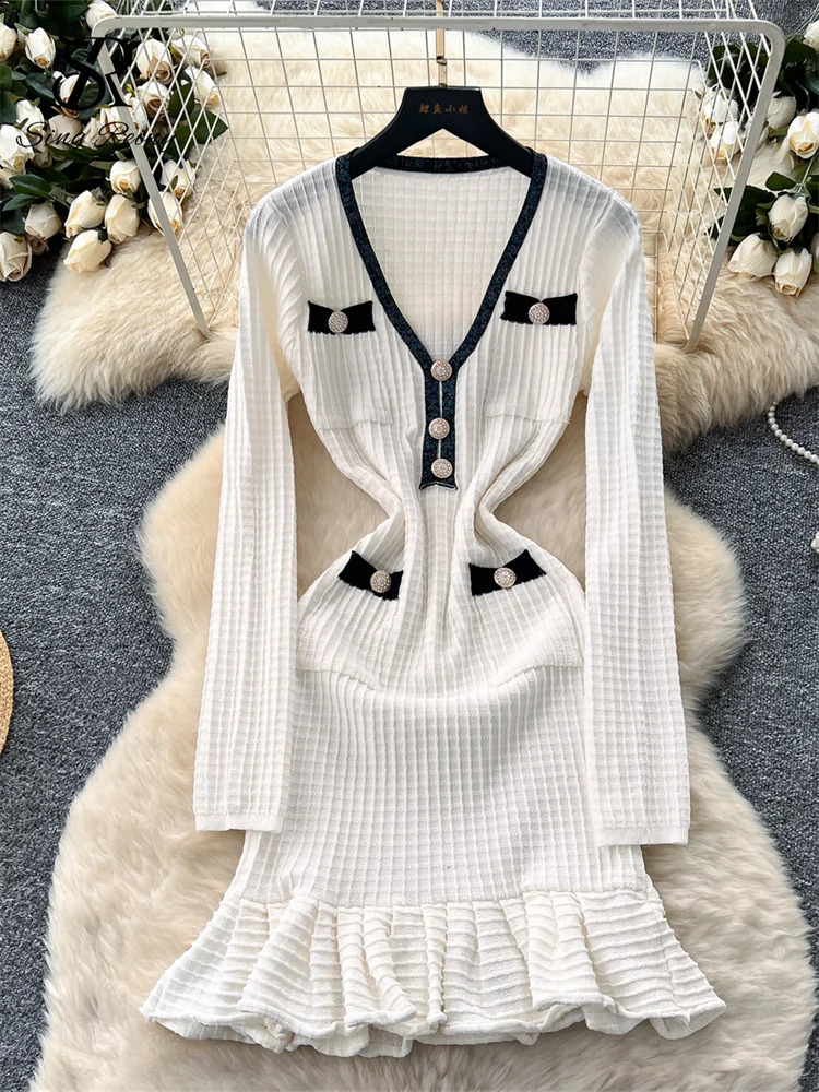 SINGREINY Chic Color Block Midi Dress Women V Neck Buttons Elastic Skinny n High Quality Knitting Sweater Ruffles 251022