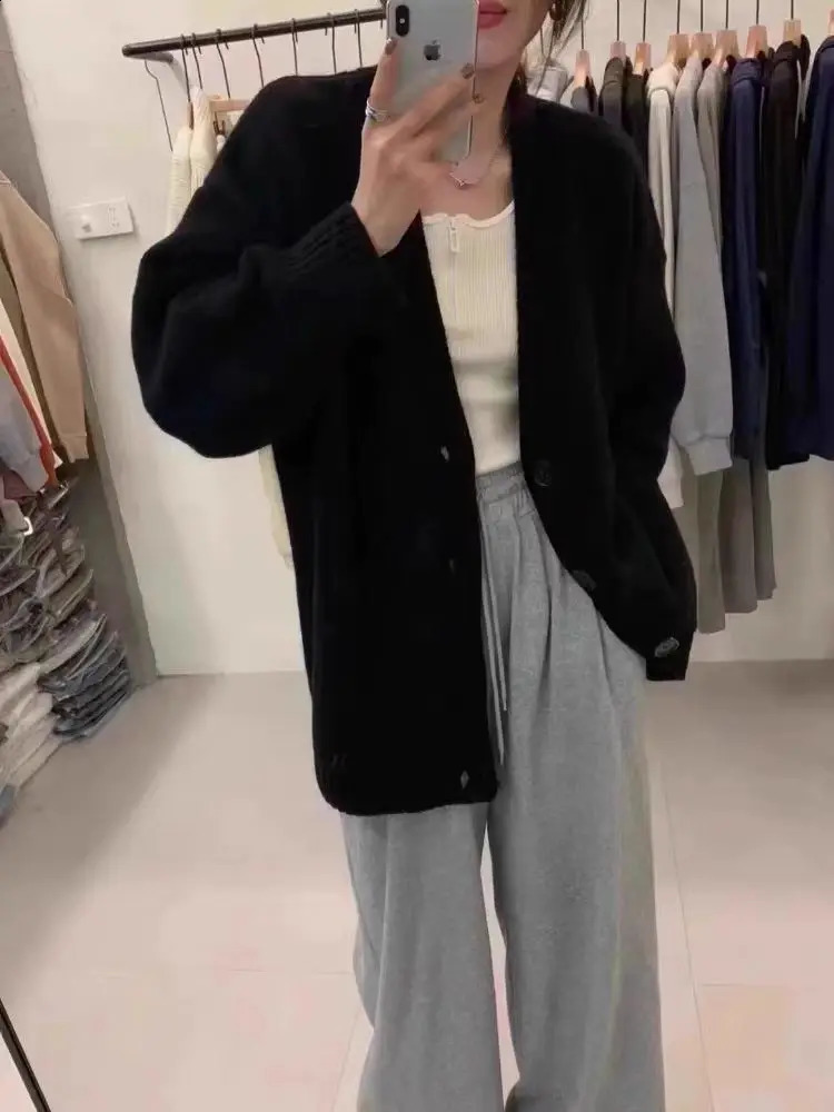Autumn Winter High Quality Premium Knit Cardigan Womens 100Wool Cashmere Medium length Sweater Vneck Loose Coat Jacket Female 251013