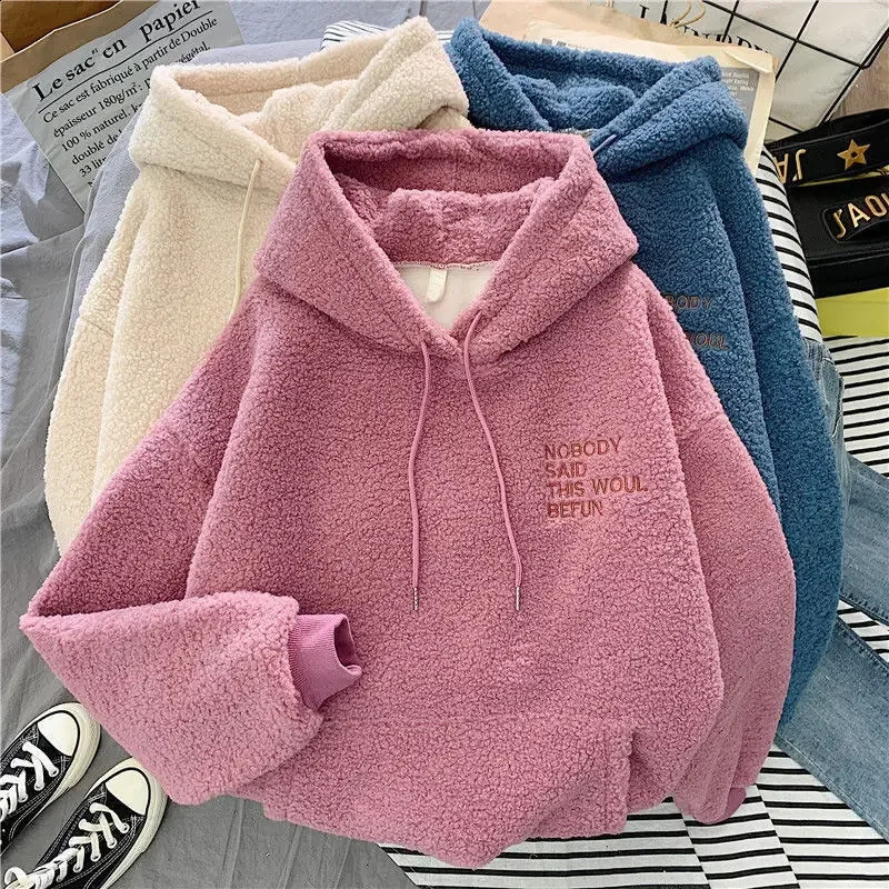 Autumn Winter Warm Fluffy Hoodie Casual Women Hooded Pullovers Letters Leisure Sweatshirt Loose Top 251022