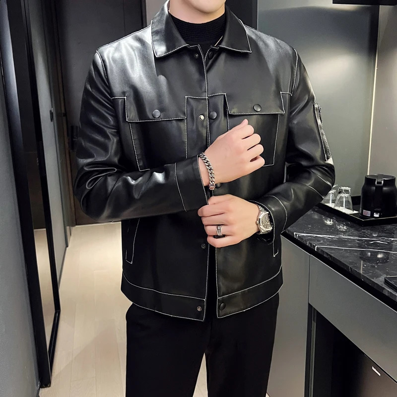 Fashion Trendy Leather Jacket Soft Comfortable Breathable Trendy Versatile Flip Collar Mens Business Casual Jacket 251021