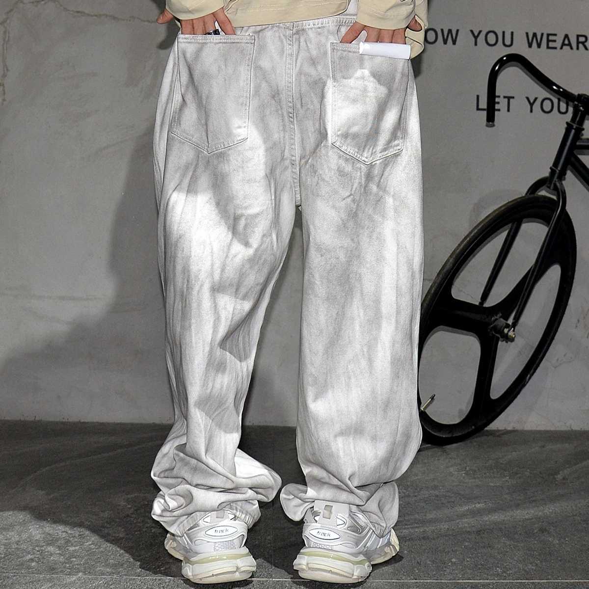 American Strtwear Hip Hop Dirty White Baggy Jeans Korean Fashion Denim Cargo Pants Men Y2k Kpop Skateboard Trousers Male C251023