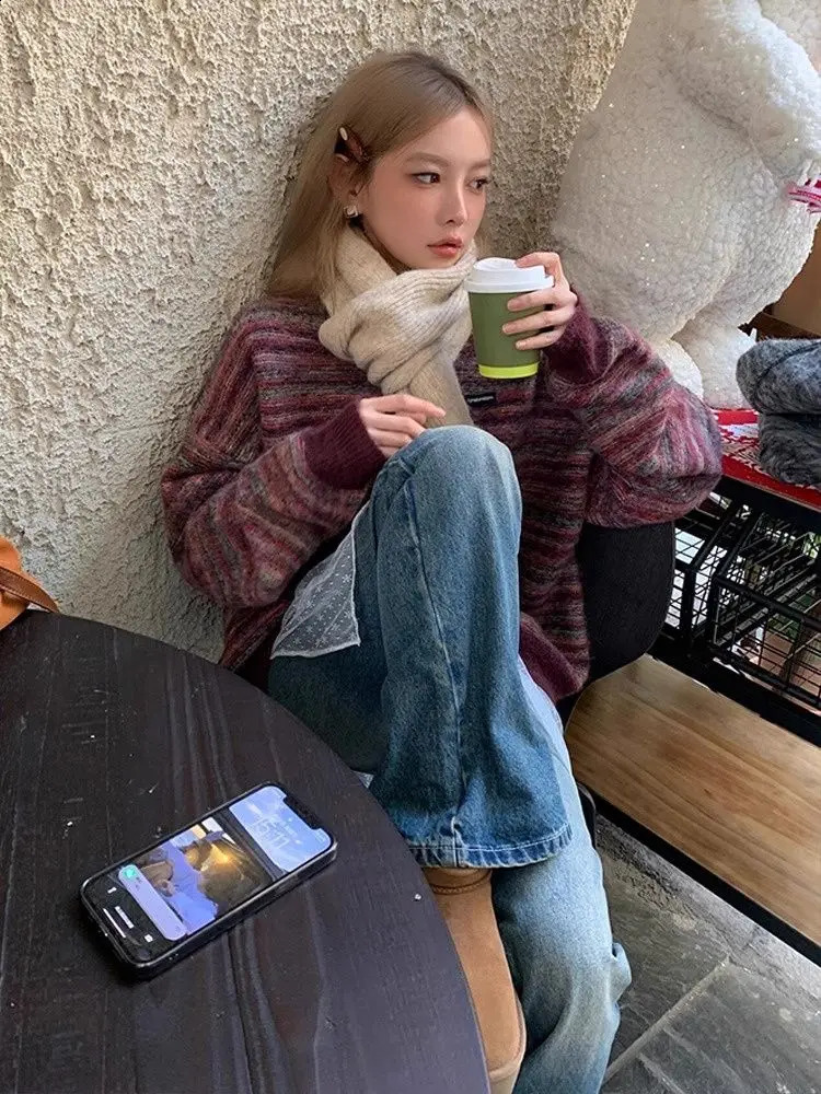 American Retro Striped O Neck Sweater Women Winter Y2k Knitwear Loose Fit Sweater Pullover LongSleeve Oversized Tops Streetwear 251023