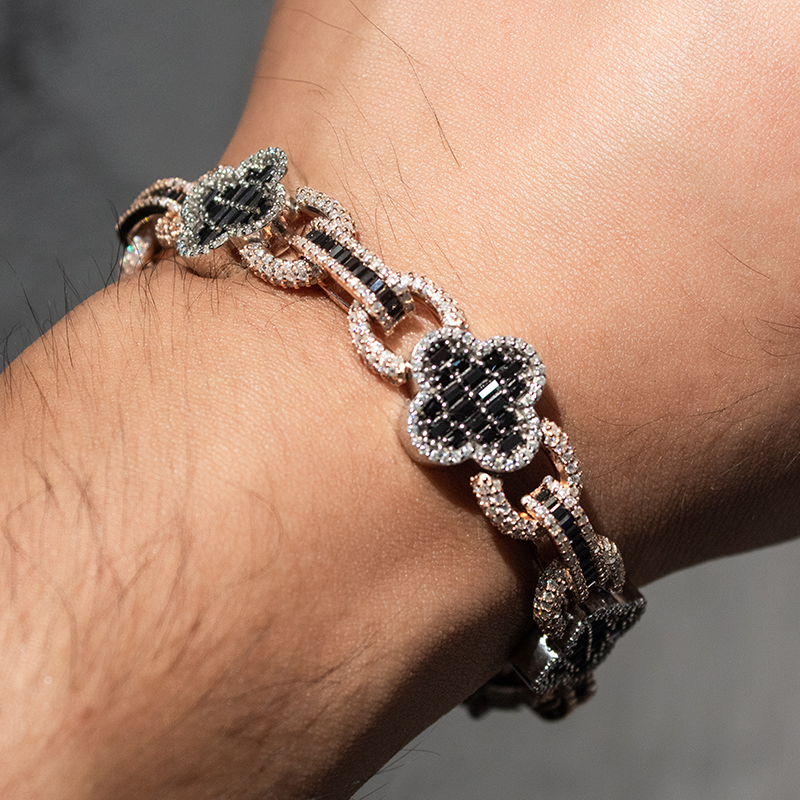 Hip Hop Iced Out Jewelry 925 Sterling Silver Vvs Black Moissanite Rose Gold Plated Clover Leaf Link Bracelet - view 6