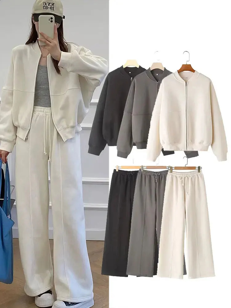 HH Womens Fall 2Piece Retro Solid Color Zip Bomber Jacket SweatshirtHigh Waist Lace Up Wide Leg Pants Street Wear 251022