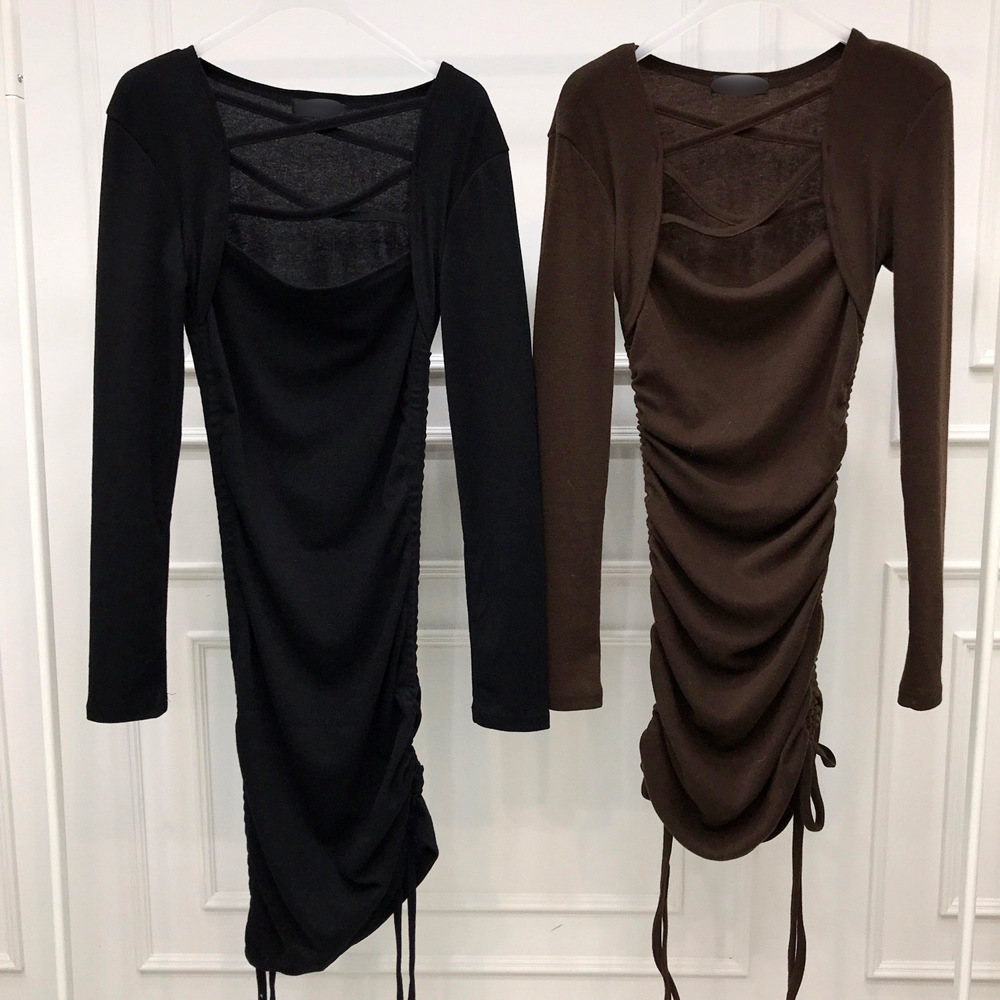 L4089 Comfortable round neck romantic slim square neck cross strap dress women's tight pleated hip skirt