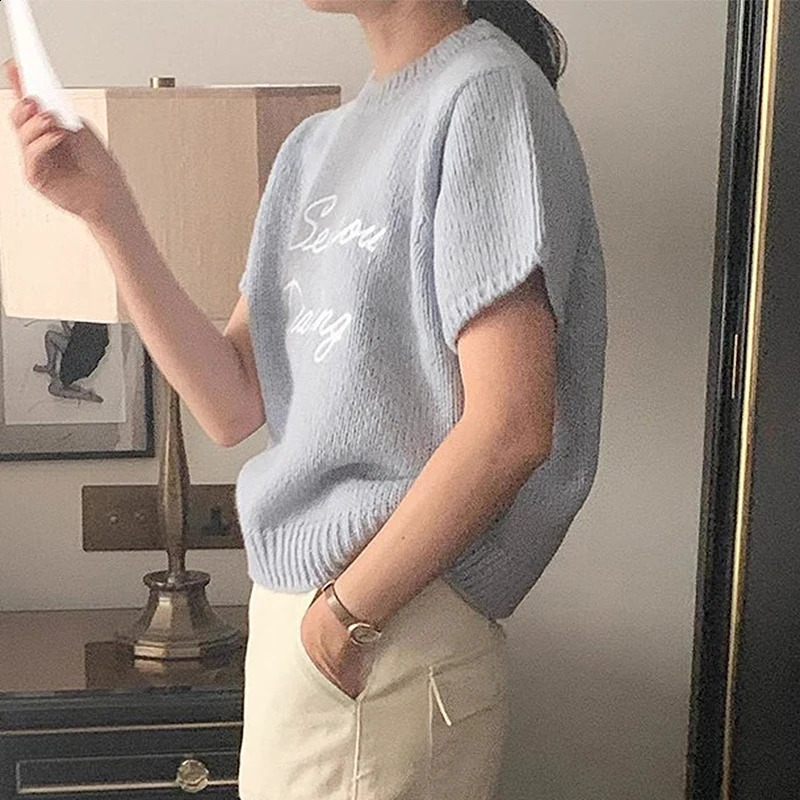 Sueter Mujer Round Neck Contrast Loose Casual Short Sleeved Letter Knitted Sweater Y2k Top Grunge Pullover Jumper 251023