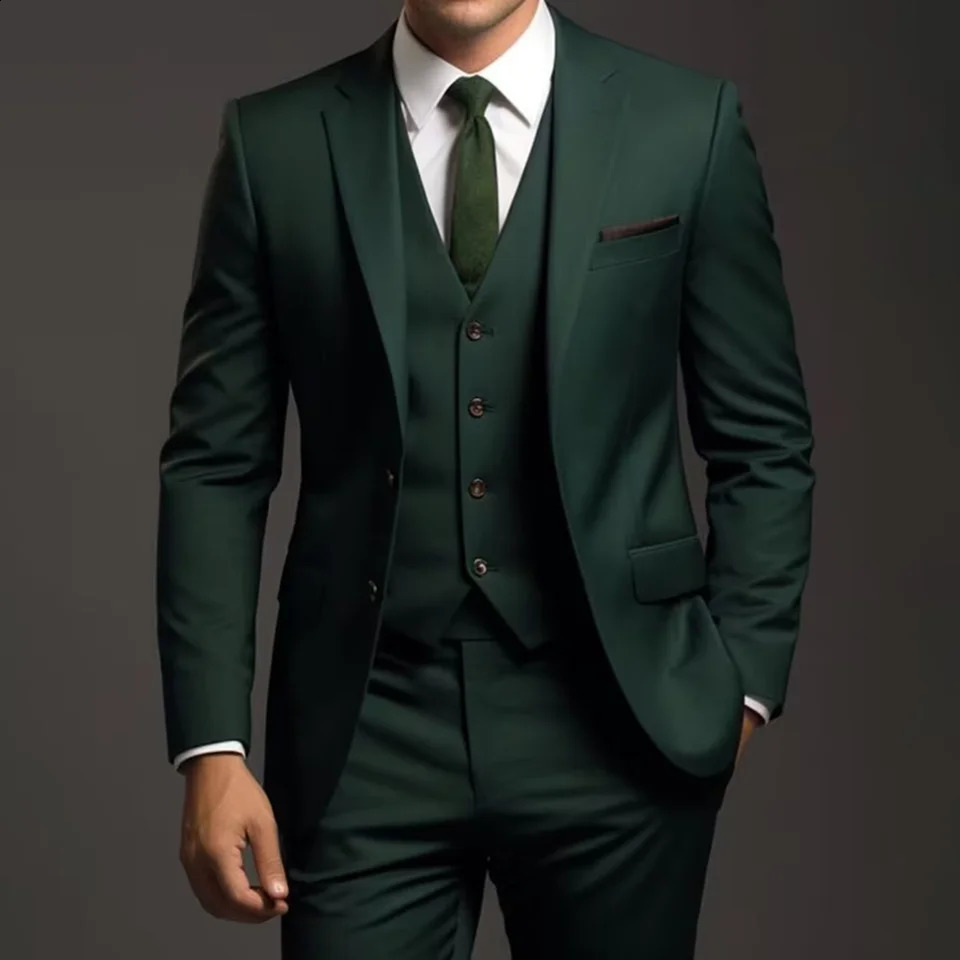 Dark Green Men Suits 3 Piece Set Elegant Single Breasted Notch Lapel Solid Outfits Slim Fashion Business Casual Wedding 251023