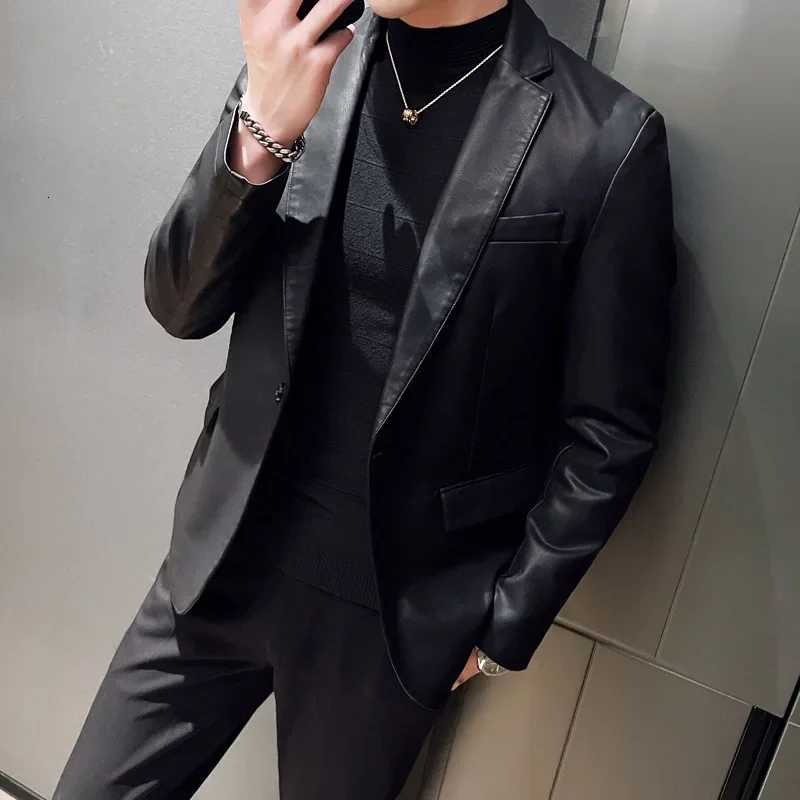Fashionable Pure Color PU Leather Jacket Mens Motorcycle Clothes Outerwear Leather Suit Casual Regular Fit Mens Coat W251023