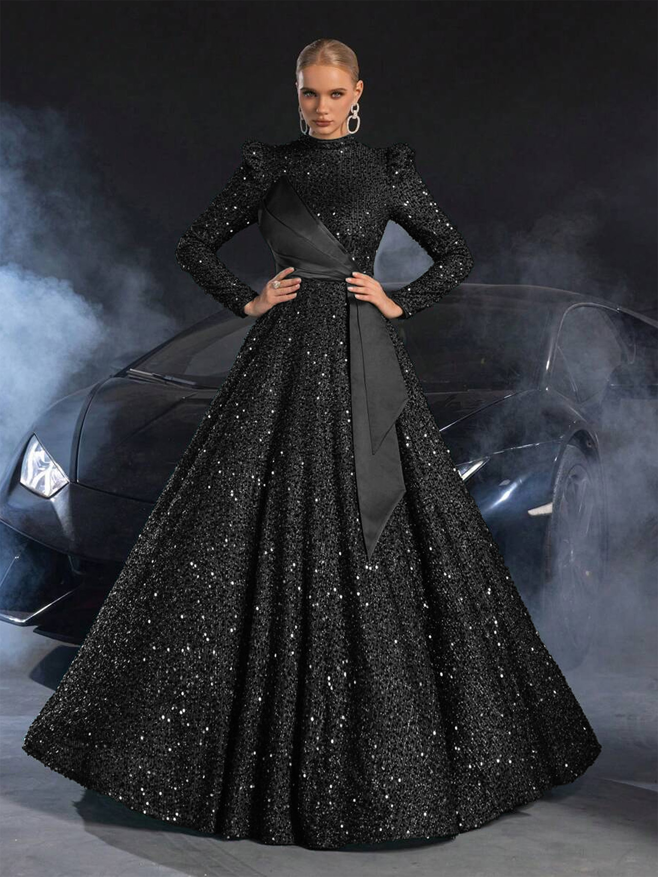 Women's Mememe Brand Shiny Sequin Evening Dress, Retro Puff Sleeve Voluminous Skirt Formal Gown (S-XL, Dark Green/Black/Apricot)-D375