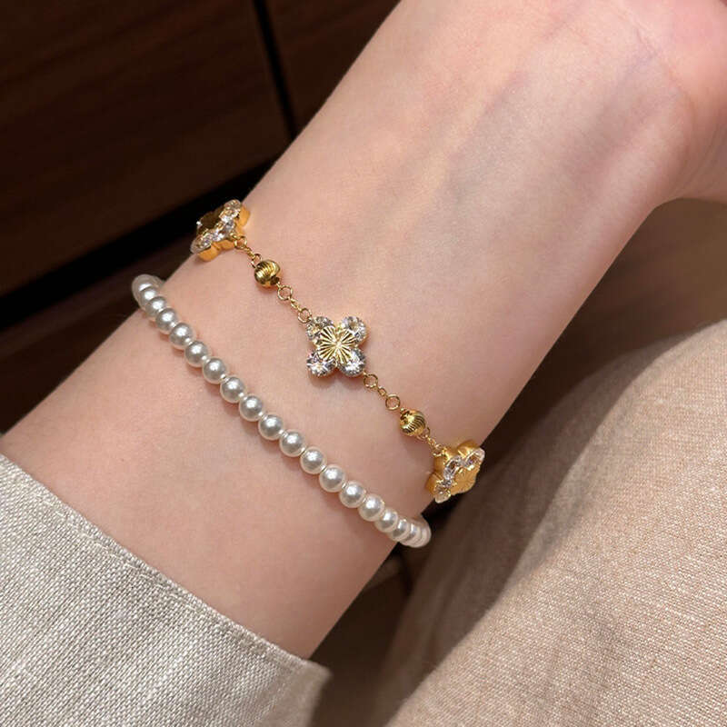 gold Crushed Ice Laser Four-Leaf Flower Bracelet Elegant Layered Style Jewelry