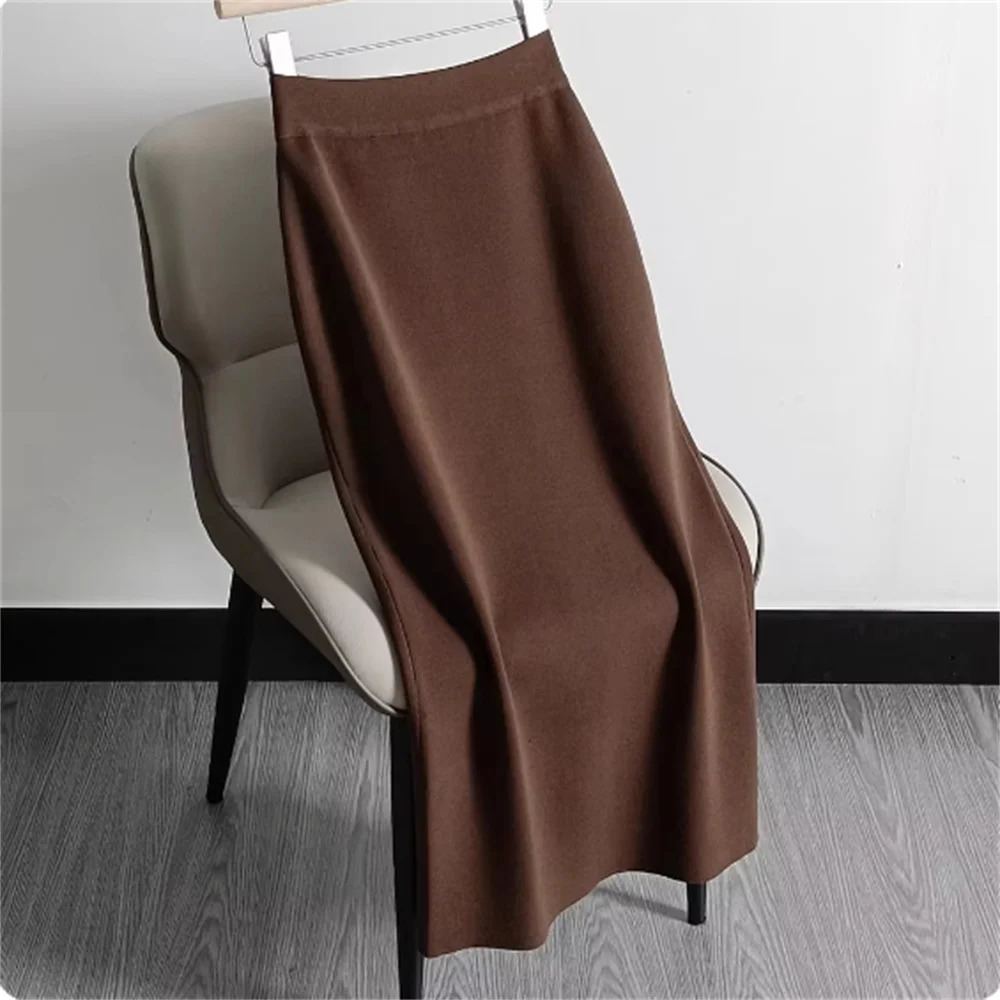 Autumn and Winter Oversized Knitted Pencil Skirt Womens One Step Skirt High Waist Slimming Long Skirt Split Wool Straight Dress 251020