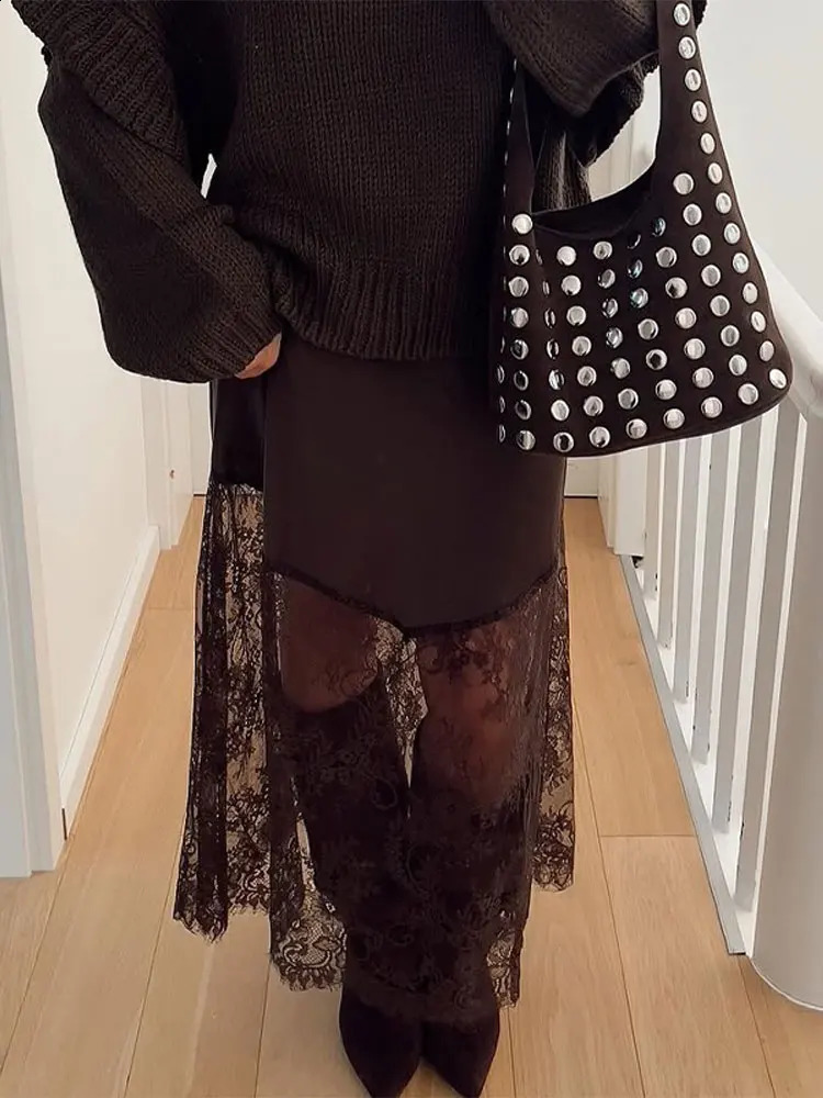 Women Patchwork Lace Skirts High Waist Slim Hollow Out Maxi Autumn Winter Brown Fashion Party Club Boho Skirt 251022