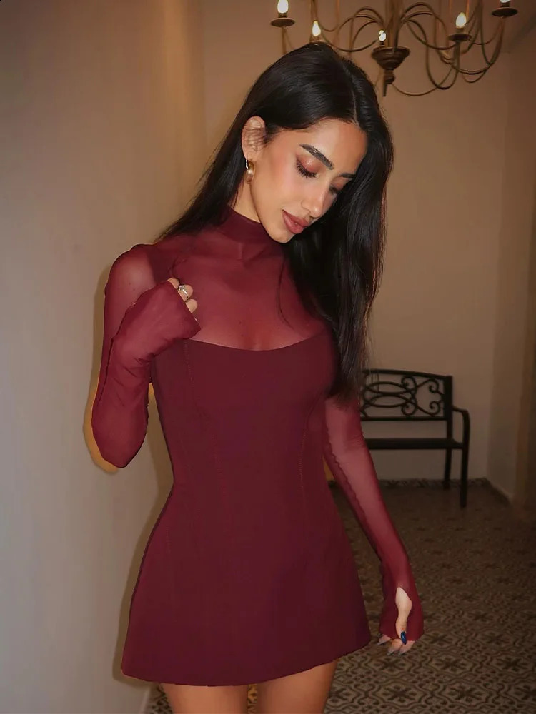 Huhugirl Mesh Patchwork Dresses For Women Fashion Sexy Streetwear Solid Full Sleeve Turtleneck Skinny Mini Vestidos Robes Female 251023