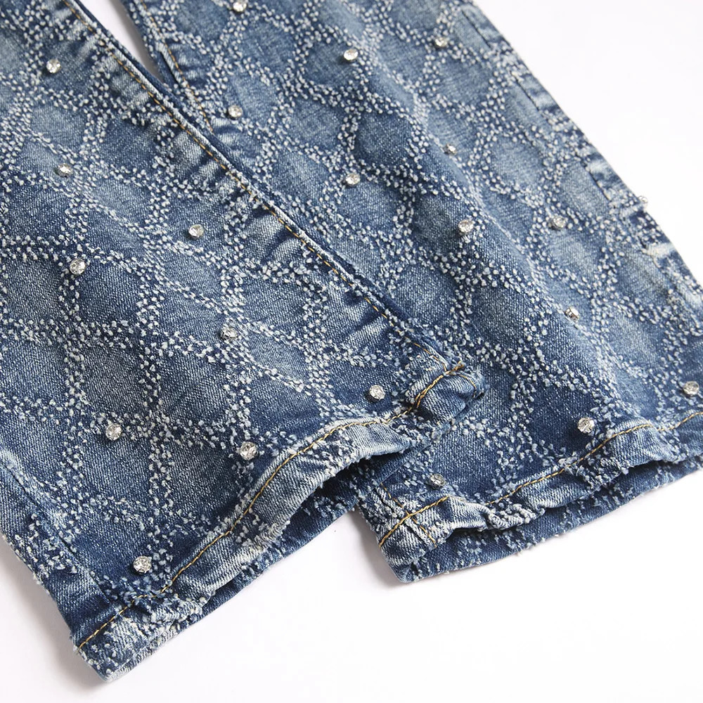 Mens Crystal Boot Cut Denim Jeans Rhinestone Slim Flared Stretch Pants Streetwear Good Quality Blue Cotton Trousers 251021