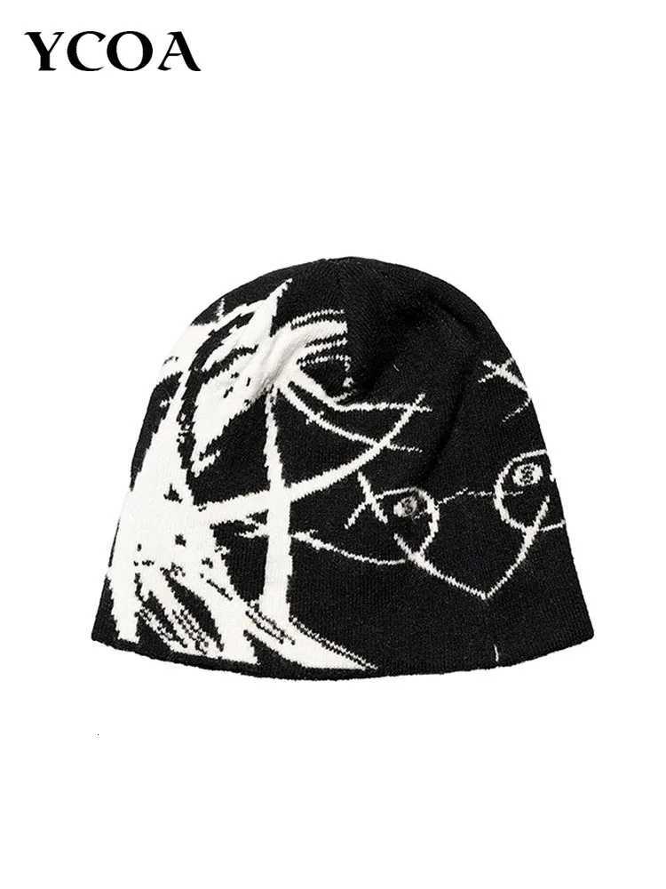 Mens Hat Beanie Y2k Knitted Gothic Hip Hop Harajuku Streetwear Wool Winter Korean Fashion Pullover Jacquard Unisex AccessoriesXJ251023
