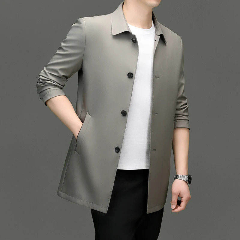 2025 Mens Trench Coat Long Fashion Handsome with Solid Color Highend Fabric Lapel Business Casual Young People Jackets 251014