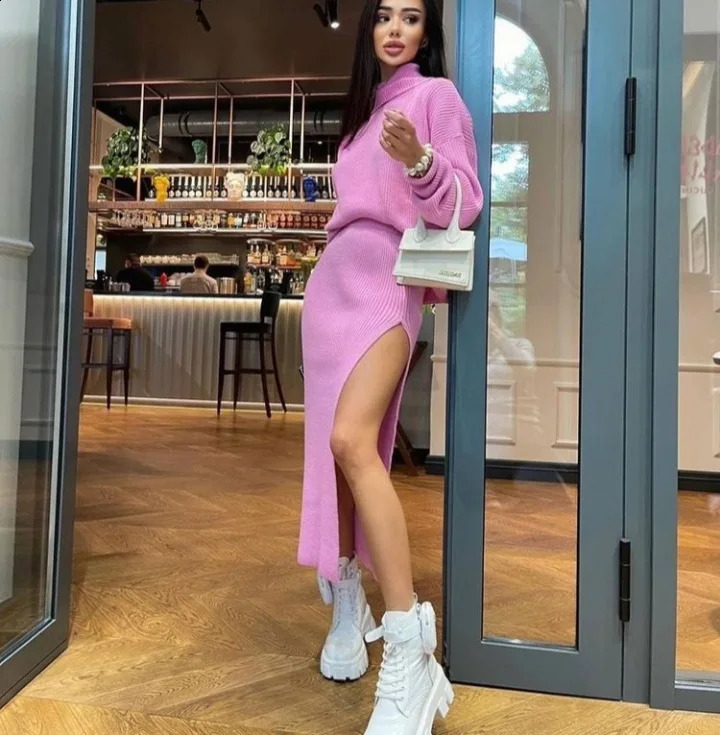 Turtleneck Knitted Sweater Skirt Two Pieces Set Women Autumn Winter Long Sleeve Pullover Sexy Side Split Midi Skirts Suit 251022