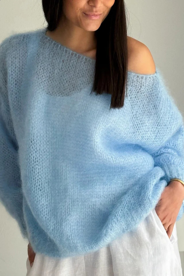 WomenS Casual Sweater Soft Comfortable Off Shoulder Pullover in Light Blue Perfect for Spring Fall Casual Attire Casual S 251023