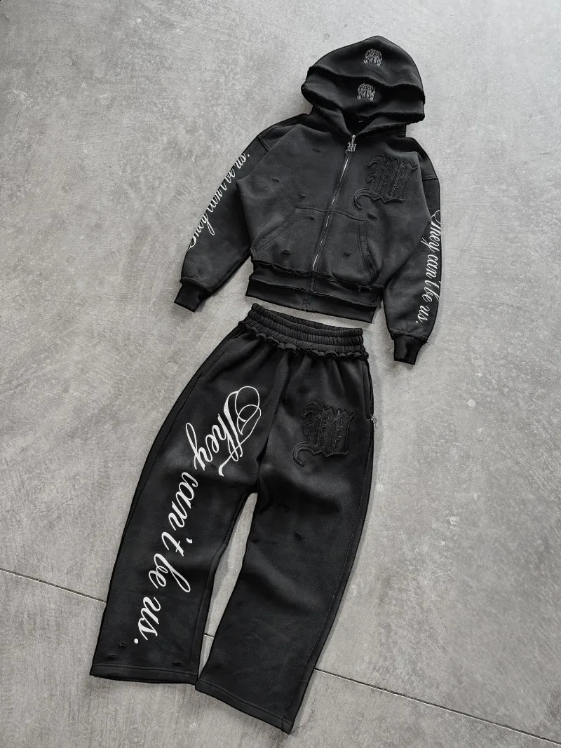 High street retro perforated embroidery American style Casual couple set Harajuku punk loose hooded sweatshirt 251021