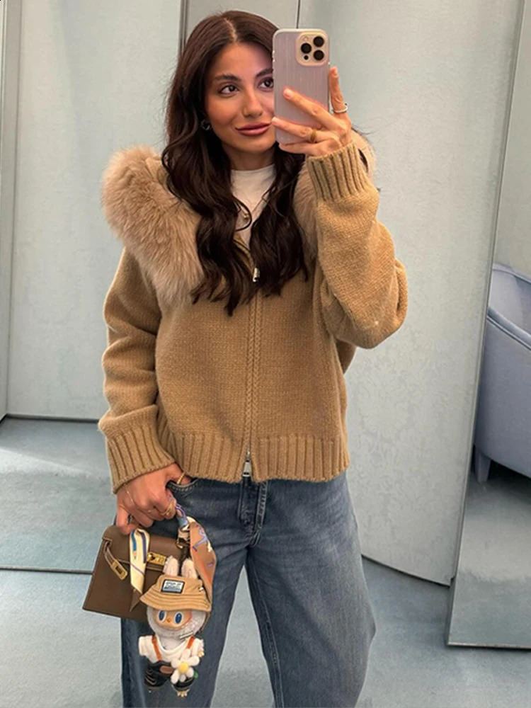 Chic Fur Collar Cropped Jacket Coat Hooded Knitted Sweater Women Casual Solid Autumn Zipup Outerwear High Street Outfit 251022