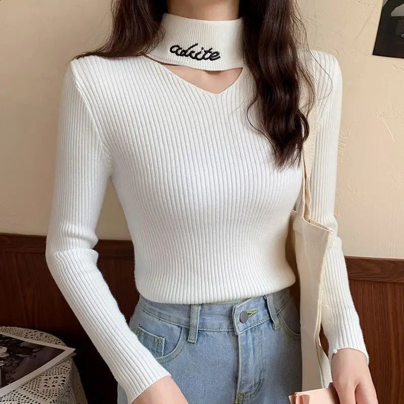 Sweet Letter Embroidery Sweater Knitted Solid Color Womens Clothing Casual Elegant Long Sleeve Autumn Winter Hollow Out Tops 251023