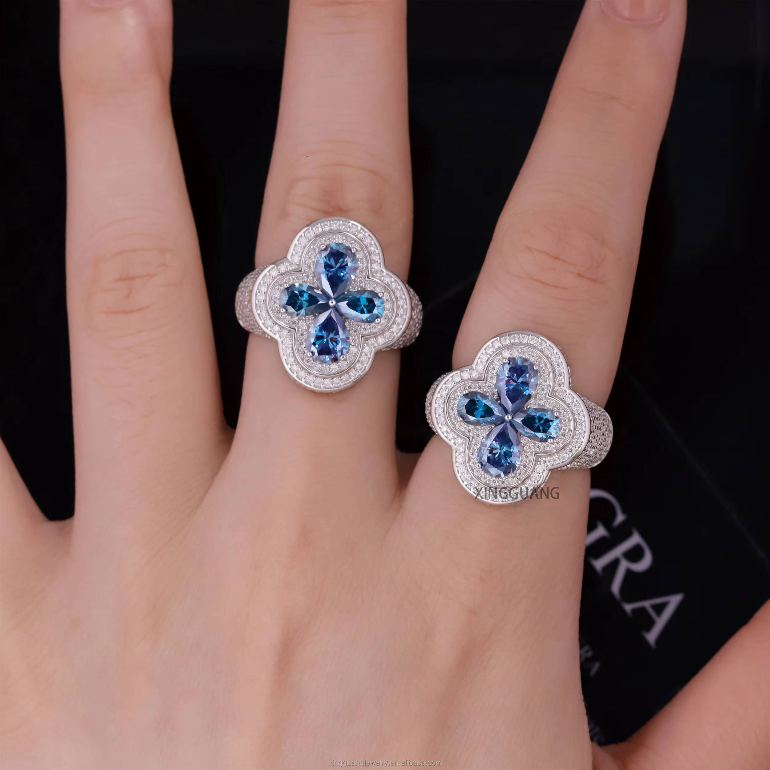 Hot Selling New Arrival Colours Moissanite Ring S925 Silver with D Color VVS Moissanite Ring Hip Hop Clover Ring